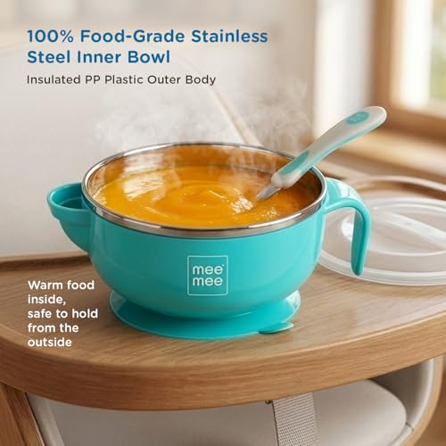 Mee Mee Air Tight Baby Feeding Bowl | BPA Free | Stay Warm Bowl | Food Remains Warm | Suction Non-Spill Bowl (Blue)(Pack of 1)