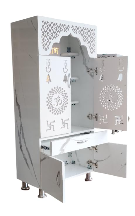 Image of Beautiful Home Temple /Pooja Mandir with Led Lights (Pre Assembled) Engineered Wood Home Temple (Height: 130, Pre-Assembled)|White