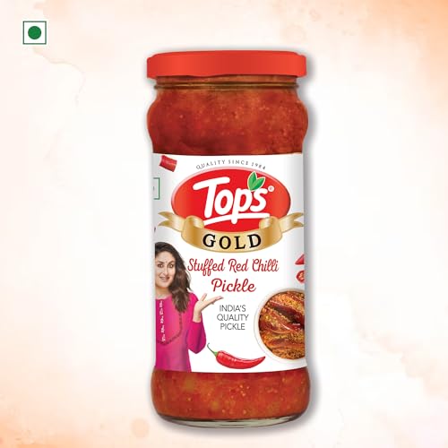 Image of TOPS Gold Stuffed Red Chilli Pickle - 375 gm Glass Bottle| Perfect blend of spicy red chillies blended in mustard oil