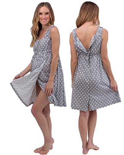 3 in 1 Labor / Delivery / Nursing Gown Baby Be Mine Maternity (S/M, Gray Polka Dot)