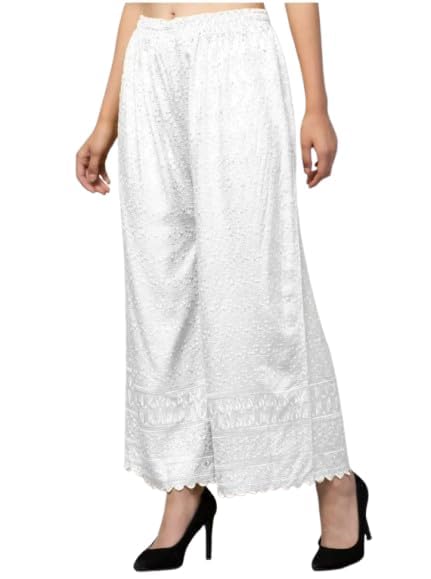 Women's Palazzo Pants Rayon Trousers Chikankari Embroidered Lace Trim Wide Leg Straight Fit Flared Palazzo for Girls & Women