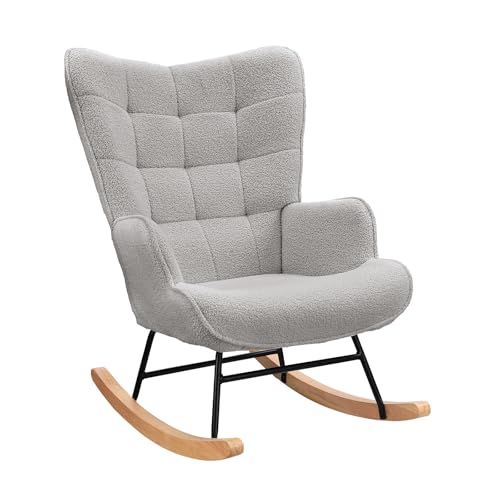 Lazyspace Schaukelstuhl Relaxsessel Stillsessel Schaukelsessel Wohnzimmersessel Schwingsessel mit Metallgestell und Holzsockel, Belastbarkeit Bis 130 Kg, Teddystoff, Hellgrau, 75 x 68 x 92 cm