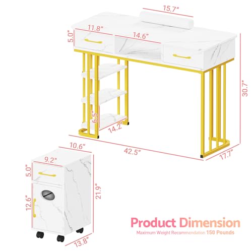 Manicure Table Nail Desk for Nail Tech, Marbling Texture Modern Nail Station with Wrist Cushion & Cabinet, Multipurpose Table for Home Office Beauty Spa Salon