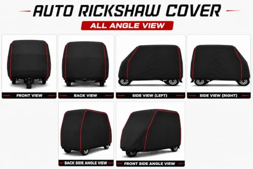 Image of Auto Rickshaw Cover Compatible with Bajaj RE | Heavy Duty 3-Wheeler Cover with Red Piping | Dustproof, UV Protection, Bottom Elastic & Full Body Protection