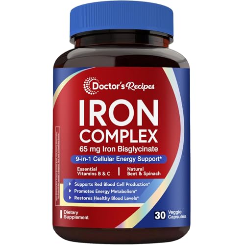Doctors Recipes Iron Supplement for Women 65 mg Iron Bisglycinate w/Vitamins C B6 Folic Acid & B12 Beet Root & Spinach Energy Production & Blood Health Stomach Friendly 30 Vegan Capsules