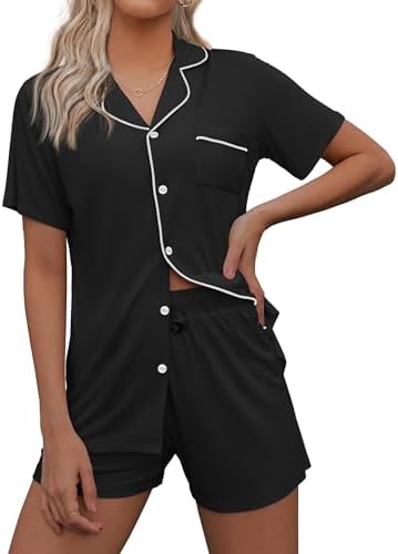 Ekouaer Pajamas Set for Women Short Sleeve Sleepwear Notch Collar Button Down Nightwear Soft Pjs Lounge Set