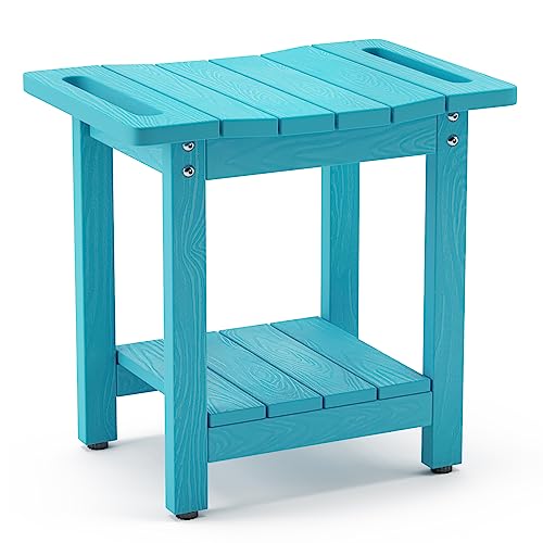 LUE BONA HDPS Shower Bench Seat, Sky Blue Shower Benches for Inside Shower with Shelf, Waterproof Shower Chair Foot Stool for Spa Bathroom, Weather Resistant/Non-Slip/Handles/Indoor or Outdoor Use