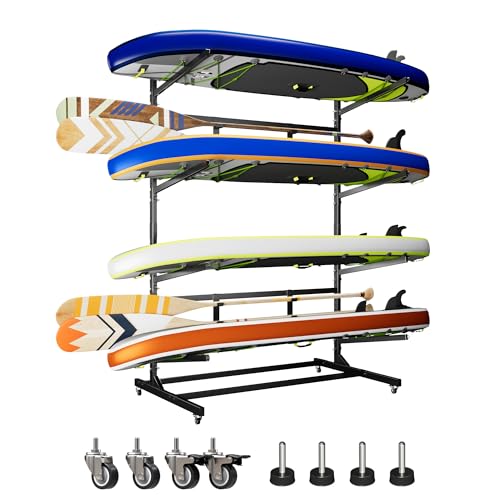 METAN Upgraded Wide Metal Kayak Storage Rack 4 Levels,59â€™â€™Wide Freestanding Heavy Duty Adjustable Kayak Stand Indoor Outdoor Storage Rack Garage with Wheels,Black,Assembly Required