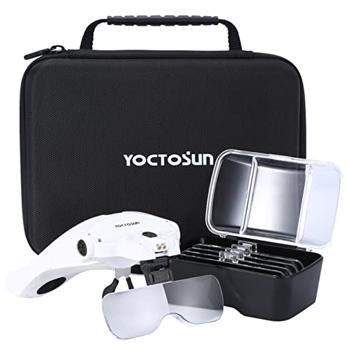 YOCTOSUN Magnifying Glasses with Light, LED Head Magnifier with 5 Lenses, Headband, Storage Case, Hands Free Lighted Head Magnifying Visor for Close Work Hobby Crafts YOCTOSUN Magnifying Glasses with Light, LED Head Magnifier with 5 Lenses, Headband, Storage Case, Hands Free Lighted Head Magnifying Visor for Close Work Hobby Crafts