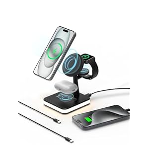 QUVFHE Chargeur sans fil 4 en 1 avec lumière et 1 port USB pour Apple, support magnétique sans fil pour iPhone 17/16/15/14/13/12, iWatch Series 11/10/9/8/7/Ultra 3/2/SE 3/2, Air-Pods 4/3/Pro3/2 (noir