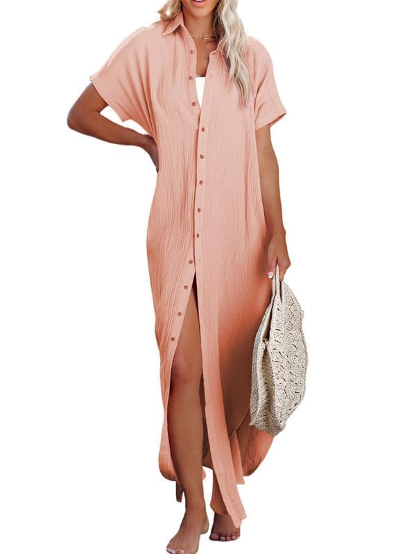 Image of Dokotoo Womens Long Cardigans Swimsuit Cover Ups Summer Beach Dress | Beach Vacation Clothes，Button Down Long Kimonos Cardigan，Side Split，Loose Fit Bathing Suit，Swimsuit Coverups Summer Dresses