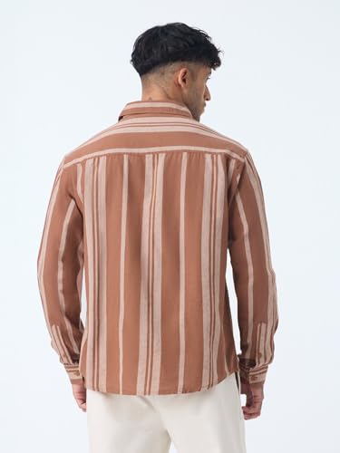 Image of The Souled Store Cotton Linen Stripes: Latte Men and Boys Long Sleeve Spread Collar Brown Striped Casual Easy to Style Everday Office Wear Cotton Linen Shirt