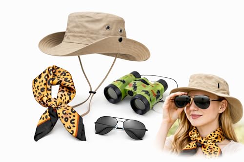 KIJUK Safari Kostüm Damen Set mit Safari Hut & Sonnenbrille Safari Kleidung Damen Dschungelcamp Kostüm Archäologen Rollenspiel Kostüm für Halloween Karneval Cosplay Party (Safari Kostüm)