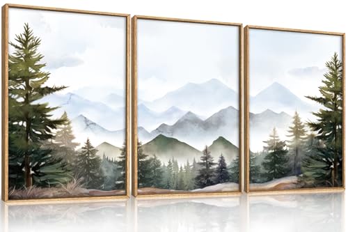 Image of KAIRNE Misty Mountain Landscape Framed Canvas Wall Art Set, Nature Forest Wall Decor, Green Pine Tree Art Prints, Modern Foggy Woodland Artwork for Living Room,Bedroom,Farmhouse,Office-16 x24 x3