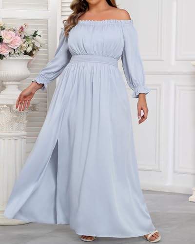 Image of Holipick Women's Off The Shoulder Boho Dress Plus Size Floral Smocked Waist Split Summer Maxi Sundress with Pockets
