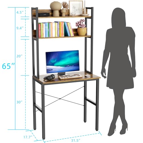Image of Aquzee Small Desk with Shelves, Computer Desk with Hutch, 31 inch