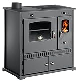 Zur Kontrolle der Temperatur im Backofen ist ein Thermometer an der Scheibe angebracht. Die Kochplatten aus Gusseisen können herausgenommen werden um direkt über der Flamme zu braten oder zu kochen, z.B. mit einem Wok. Kochen und Backen Sie ohne die Verwendung von Strom oder Gas.