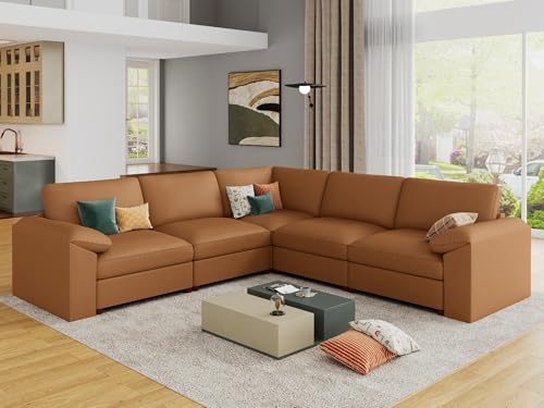 Image of EASE MOOSE Oversized Modular Sectional Couch with Ottoman, Faux Leather Sectional Sofa with Deep Seat, Scratch Resistant Faux Leather Material, Extra Large L Shaped Couch,Brown
