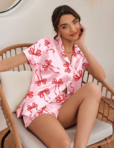 Image of Ekouaer Womens Pajamas Silk Satin Short Sleeve Button Down Pjs Shorts Set