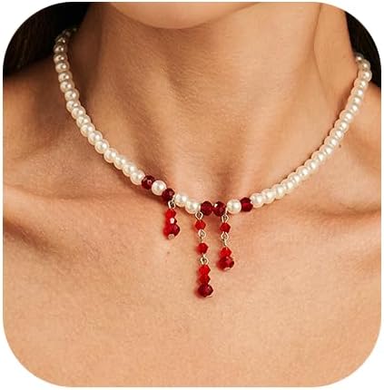 MOEEIJEW Gothic Blood Necklace for Women Trendy Red Pearl Beaded Choker Punk Nec