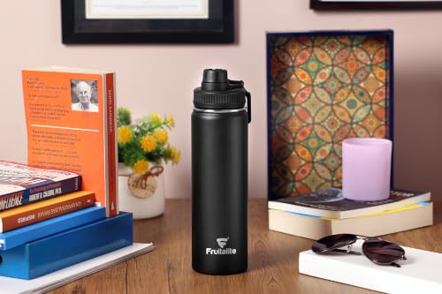 Image of Fruitalite Insulated Water Bottle- 700ml with Screw /Spout Lid, Leak-Proof Stainless Steel Double-Wall Vacuum Thermosteel Travel Thermo Flask | Stays Hot 12 Hours /Cold 24 Hours- Black