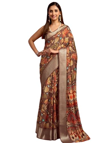 Image of SIRIL Women's Dola Silk Printed Jacquard Border Ready To Wear Saree with Unstitched Blouse Piece
