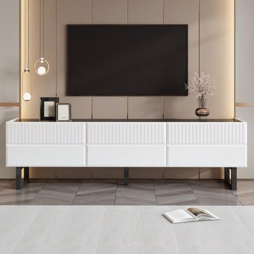 Soporte de TV bajo con 3 cajones - Diseño clásico en blanco y negro - Dimensiones: 170 x 35 x 47 cm (ancho x ancho x alto)