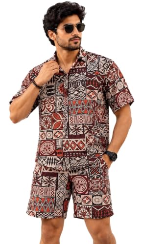Image of BROWN CULTURE Men Cotton Blend Printed Co-ord Set Shirt Shorts | Collar Neck Button Down Night Suit | Casual Home Wear Two Piece | Stylish Lounge Wear | Trendy Matching Outfits