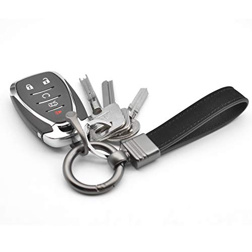 Car Fob Key Chain Genuine Leather Keychains Holder For Men And Women, 360 Degree Rotatable, With Anti-Lost D-Ring, Circle Carabiner And Key Rings, Black #TOP2