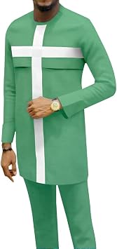 Long Sleeve Dashiki and Pants Outfit for Men Two Pieces Set African Suit Traditional Ethnic Clothing Tracksuit Attire Color Style 1, Size Medium