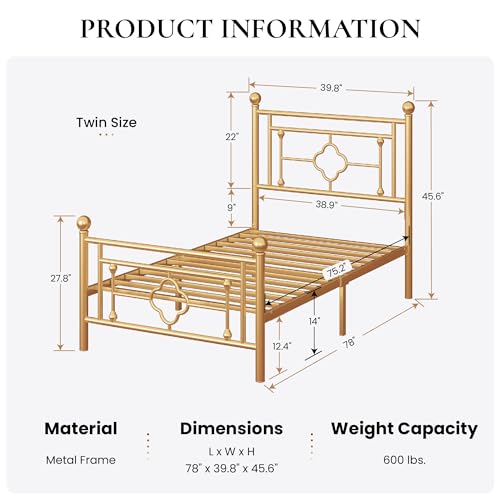 SHA CERLIN 14 Inches Twin Size Metal Platform Bed Frame/Vintage Iron-Art Headboard and Footboard/Mattress Foundation/No Box Spring Needed/Noise-Free/Easy Assembly/Gold