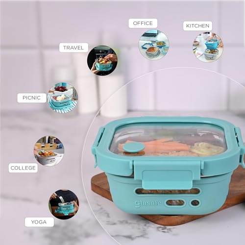 Image of GLASAFE Borosilicate Glass Lunch Box for Office w /t Air-Tight lid & Protective Silicone Sleeve | Tiffin Box for Men & Woman | Microwave & Dishwasher Safe | Leakproof Design | Set of 1-520ml,Green