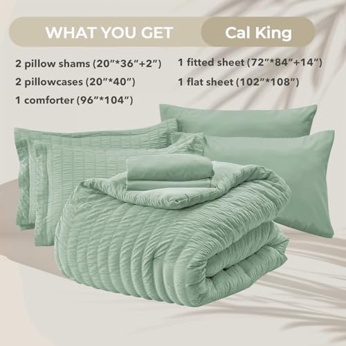 Image of HYMOKEGE Sage Green California King Comforter Set Seersucker 7 Pieces, All Season Luxury Bed in a Bag for Bedroom, Bedding Set with Comforters, Sheets, Pillowcases & Shams