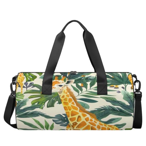 Giraffe and Leaves Round Barrel Sports Fitness Bag, Travel Luggage Bag, Reusable Handbag, Suitable For Men and Women2