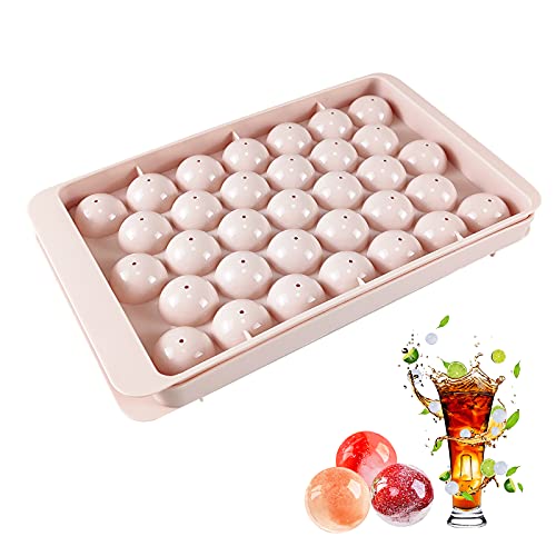 Eiswürfelform,1 Pack Eiswürfelbehälter mit Deckel,runde Eiswürfelform aus Kunststoff ,33-Fach Ice Cube Ball Mold,Dicht und auslaufsicher für Whisky, Eisbier, Cocktail,Rosa Cover