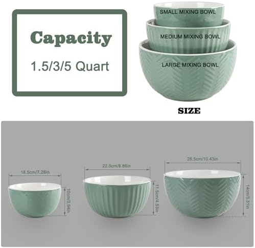 HAPPY KIT Ceramic Mixing Bowls Set, Serving Bowls Set For Kitchen,Large 5/3/1.5 Quart Bowl Set of 3, Prep Nesting Bowl for Baking and Mixing Salad,Avocado green - Thumbnail 4