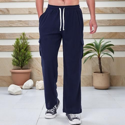 Men Corduroy Pants Baggy Drawstring Cargo High Waisted Multi Pockets Cargo Sweatpants for Men Casual Stretch Fashion Comfy Wide Leg Tactical Fall Relaxed Fit Trouser Navy XXXL2