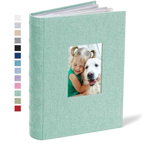 Vienrose Photo Album 4x6 300 Photos Linen Frame Cover with Memo Areas Photobook Large Capacity Slip-in Pictures Book for Wedding Baby Vacation, Green