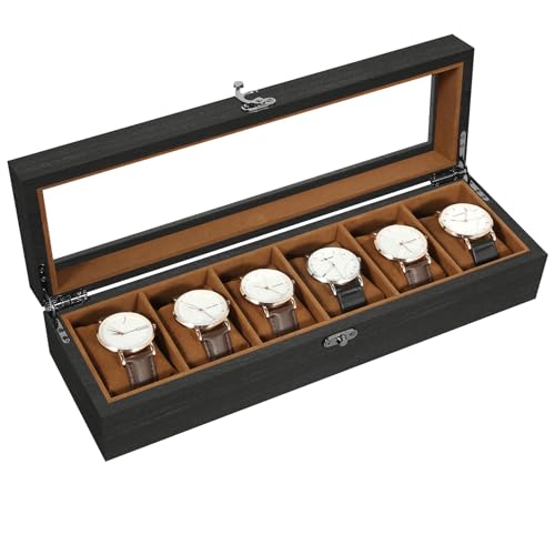 Uten Caja de Relojes con 6 Compartimentos, Caja para Reloje Madera, Tapa de Vidrio y Almohada Algodón Seda, Forro Marrón, para Exhibición y Almacenamiento de Relojes Joyería, Regalo Ideal