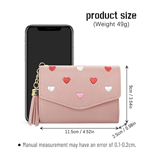 FuninCrea Ladies Purse Wallet, Small PU Leather Women’s Wallet, Three-fold Ladies Purse with 8 slots, Fashion Coin Purse with Embroidery Heart Pattern for Cash, ID Card, Credit Card (pink)2