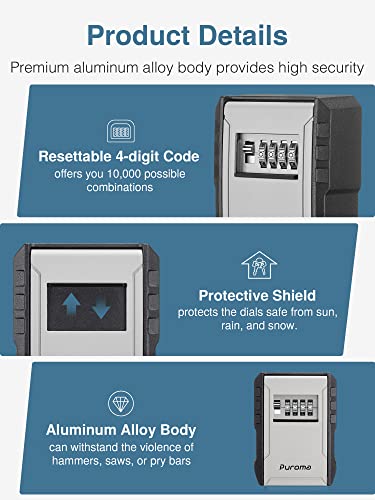 Image of Puroma Key Lock Box with Key Hook, Resettable 4-Digit Combination, Waterproof Key Storage Security, Large Capacity Wall Mounted for House Keys, Realtors, Garage Spare Keys