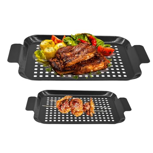 Sartén para barbacoa, parrilla para barbacoa, bandeja antiadherente de doble tamaño para camping, uso interior y exterior para barbacoas de carbón vegetal, barbacoas ahumadas