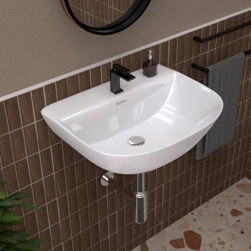 Image of Artiva Ceramic Wash Basin for Bathroom /Wall Hung Basin /Basin for Bathroom, Hotel /White Wallmount Sink / (White Colour 16 x 12 x 5 Inch)