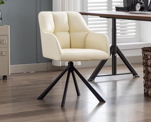 Image of Finch Fox Battle Modern 360 Swivel Mid-Back Arm Faux-Leather Study Upholstered Comfortable Metal Base Computer Office Desk Chair in Cream Color (Set of 4)