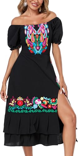 YZXDORWJ Women's Mexican Dress Boho Embroidered Sexy Ruffle Maxi Dress Short Sleeve Summer Beach Swing Wedding Party Dresses4