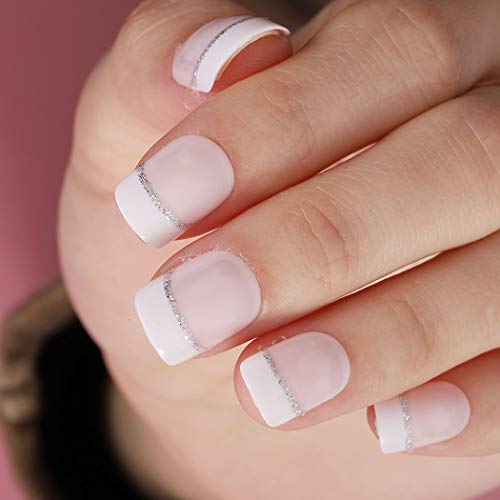 Blindery French Short Press On Nails Square Artificial False Nails Pink Glossy Glitter Fake Nails Wedding Stick On Nails For Women And Girls 24Pcs #TOP3