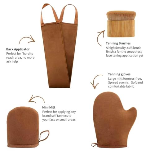 Image of FUNAN Self Tanning Applicator Kit with Tanning Glove for Self Tan Mitt, Back Lotion Applicator, Mini Mitt and Ultra Soft Self Tanner Brush Bamboo Kabuki Brush, Brown
