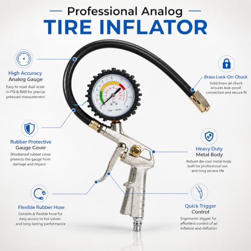 Image of Tyre Inflator with Pressure Gauge, Flexible Air Hose & Clip-On Chuck, Tyre Air Filler Gun for Car, Bike, Motorcycle, SUV & Other Vehicles