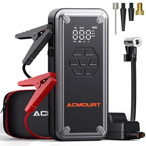 ACMOUNT Arrancador de Baterias de Coche Portátil con Compresor de Aire, 12V 4000A Cargador Baterias Coche y Moto para 9.0L Gasolina o 8.0L Diesel, 150 PSI Compresor de Aire con Pantalla LCD, Luz LED