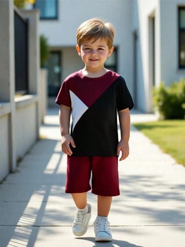 Image of Ayzozuy Boy Clothes Colorblock Top + Drawstring Waist Shorts 2 Pieces Kid Summer Outfits Set